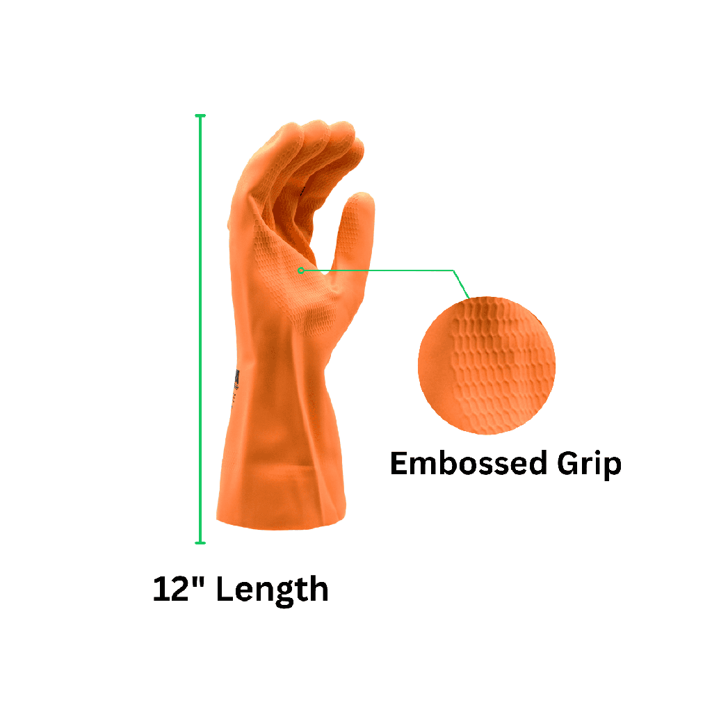 Neoprene Chemical Resistant Gloves – 28 Mil Orange Neoprene/Latex Blend with Embossed Grip