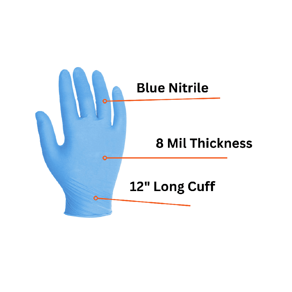 8 Mil Blue Nitrile Disposable, 12" Long Cuff (50 Gloves/Box)