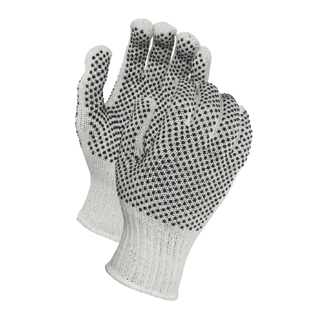 String Knit Gloves – Medium Weight Cotton/Polyester with Two-Sided Black PVC Dotted Grip