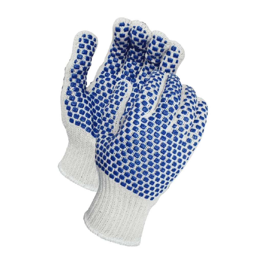 String Knit Dotted Gloves – Medium Weight Cotton/Polyester with Two-Sided Blue PVC Block Grip