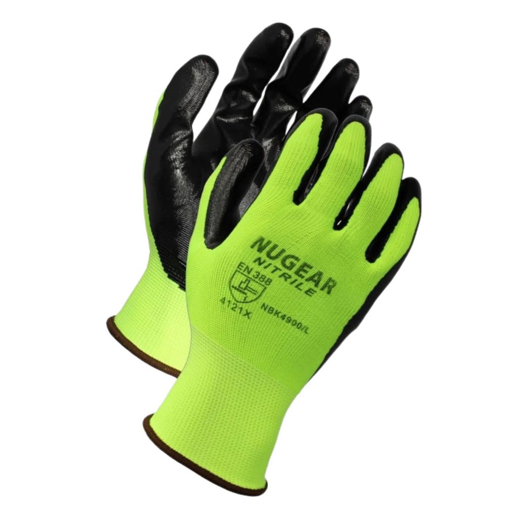 12 Pairs - Nitrile Palm Coated Gloves, Hi-Vis Polyester Shell, 13-Gauge Grip Protection