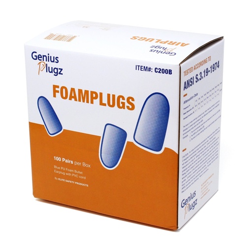 [C200B] Metal Detectable Corded Blue PU Foam Bullet Earplug