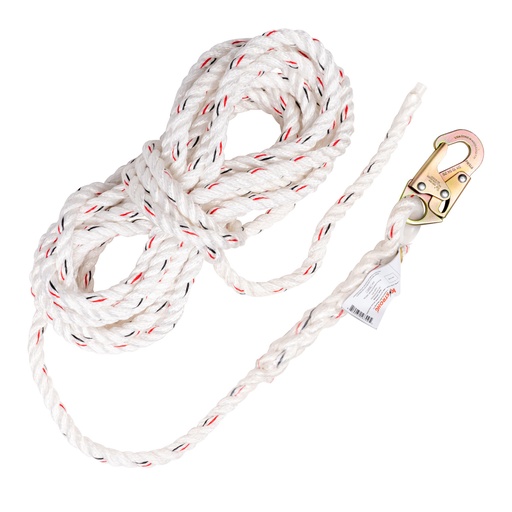 [UFR200100] 100 ft. Vertical White Polydac Rope Lifeline, Locking Snap hook on anchor end, other end cut and taped