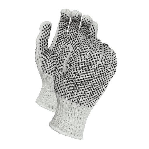 String Knit Gloves – Medium Weight Cotton/Polyester with Two-Sided Black PVC Dotted Grip